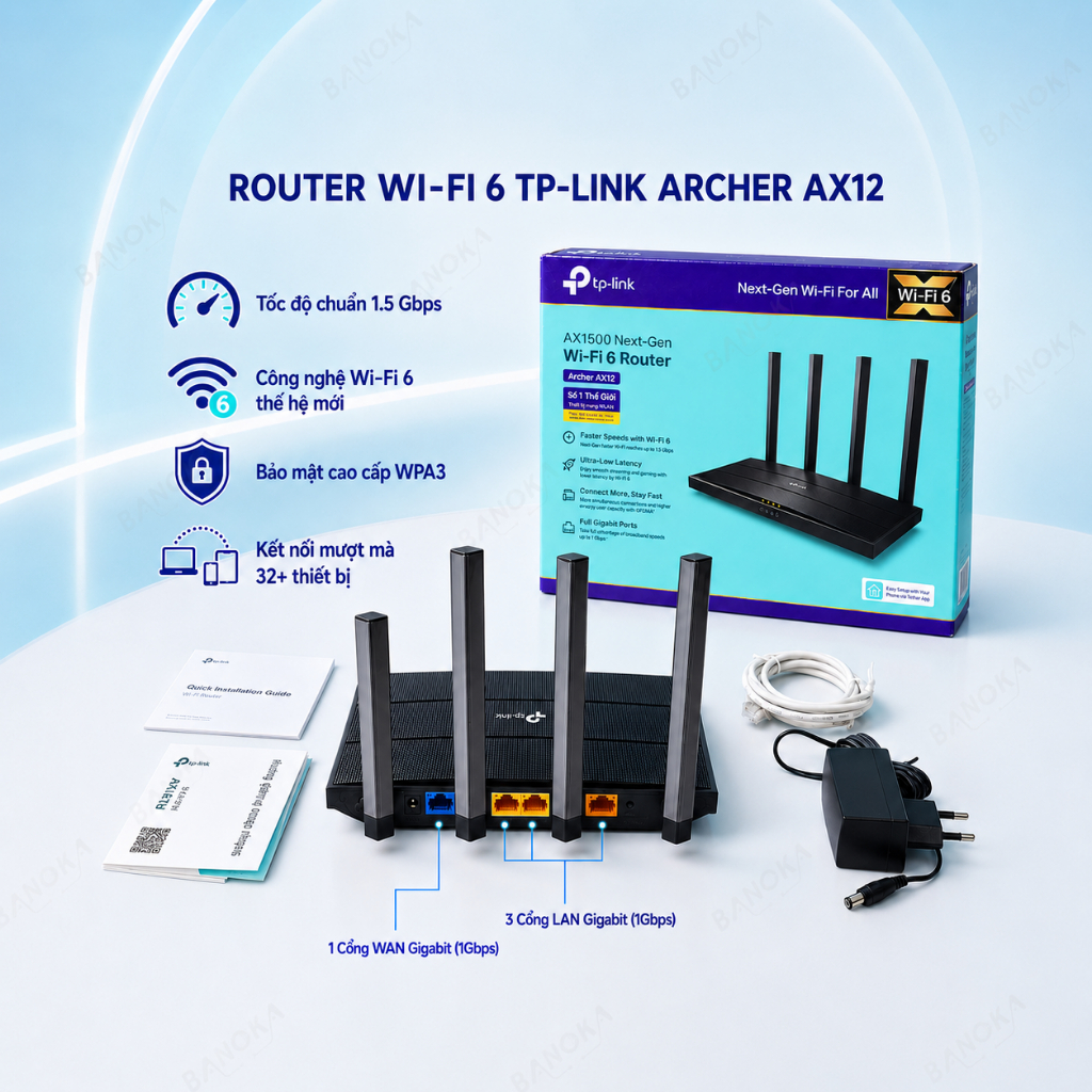 Router WiFi 6 TP-Link Archer AX12 AX1500 Băng Tần Kép Cổng Gigabit