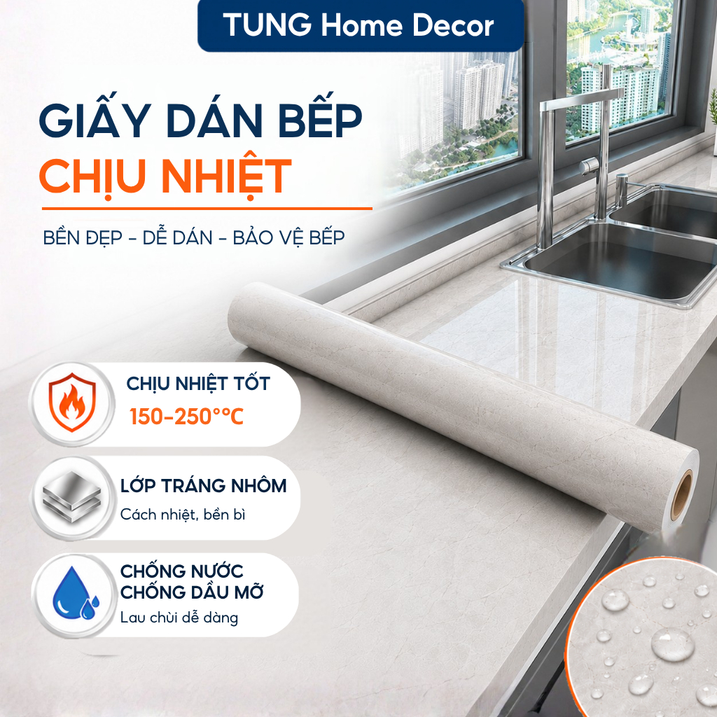 Giấy dán bếp chịu nhiệt 100-250 độ có tráng nhôm. Decal dán bếp chống nước - dầu mỡ khổ rộng 60/75/8
