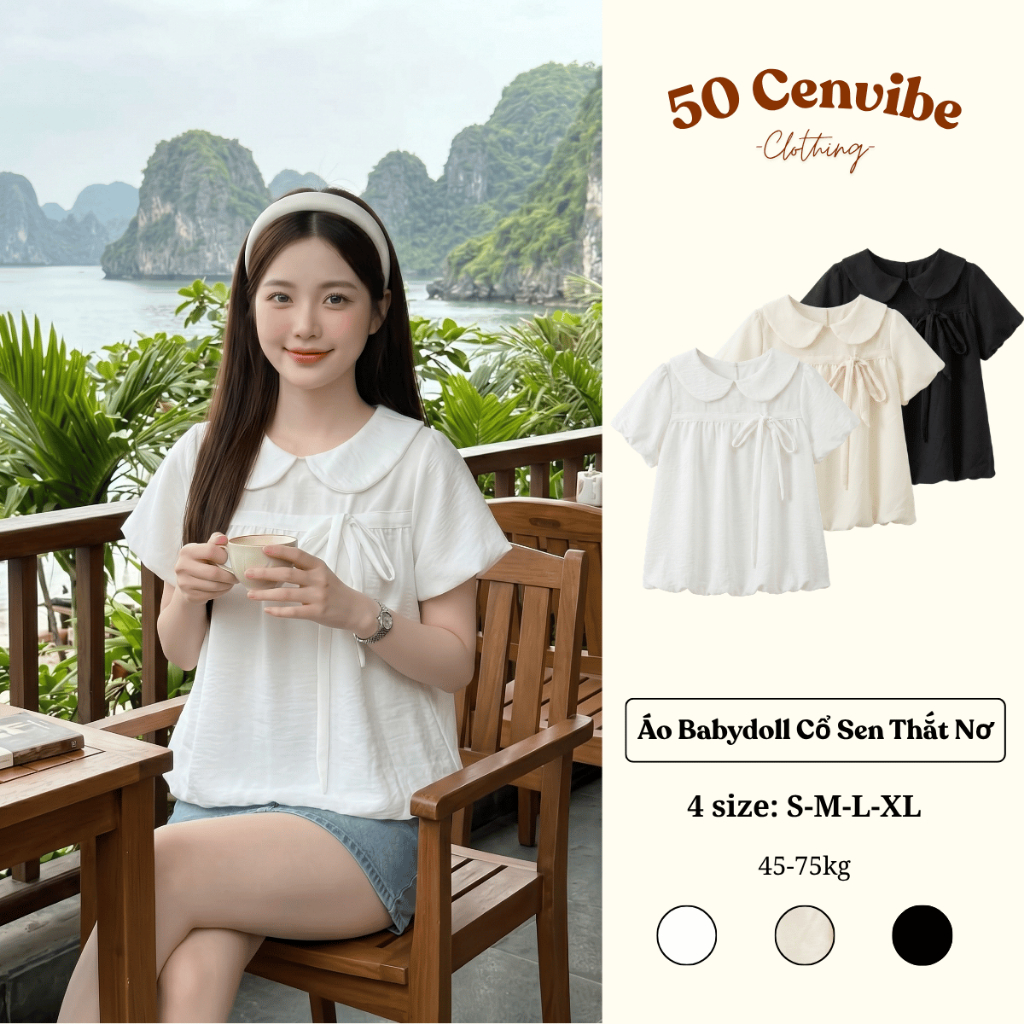 Áo Kiểu Nữ Dáng Babydoll Cổ Sen Buộc Nơ Tay Phồng Có Bigsize 45-75kg Phong Cách Korea (50 Cenvibe.Cl