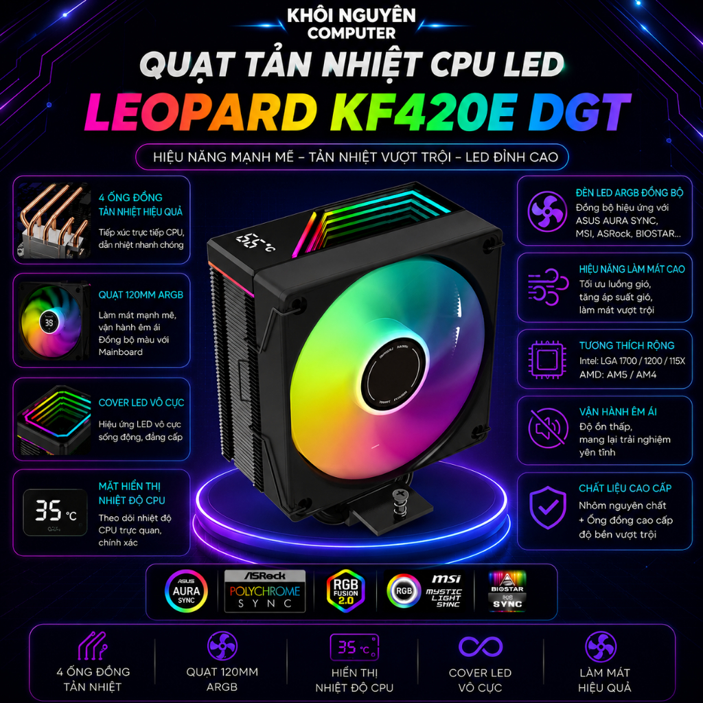 Tản Nhiệt CPU Jungle Leopard KF420E DGT ARGB 5V – Hiển Thị Nhiệt Độ, 4 Ống Đồng, Fan 12cm