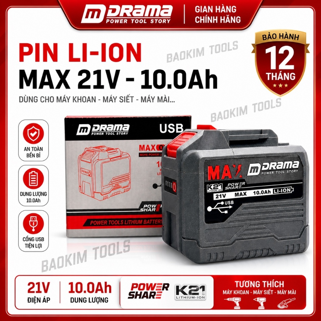 Pin 20 Cell Drama 10Ah Mạch 4 Mosfet, Có Cổng Cắm USB - Chân Pin Phổ Thông, Có Đèn Led Báo Pin
