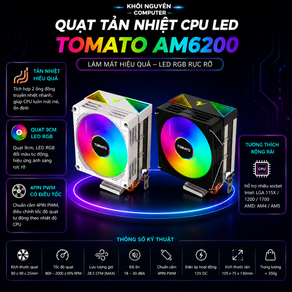 Quạt Tản Nhiệt CPU Tomato AM6200 RGB – 4Pin PWM, 2 Ống Đồng, Led Đổi Màu, Chạy Êm, Giá Tốt