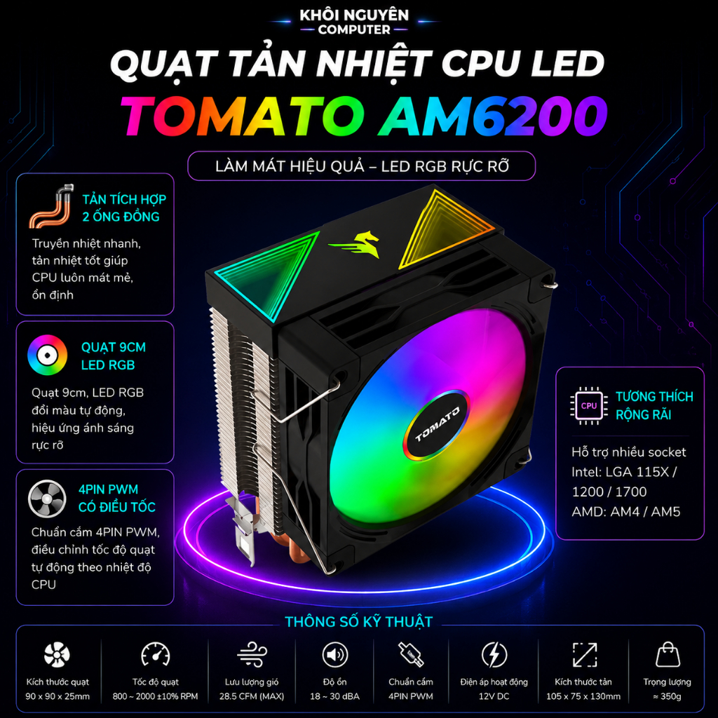 Quạt Tản Nhiệt CPU Tomato AM6200 RGB Đen – 4Pin PWM, 2 Ống Đồng, Led Đổi Màu, Êm