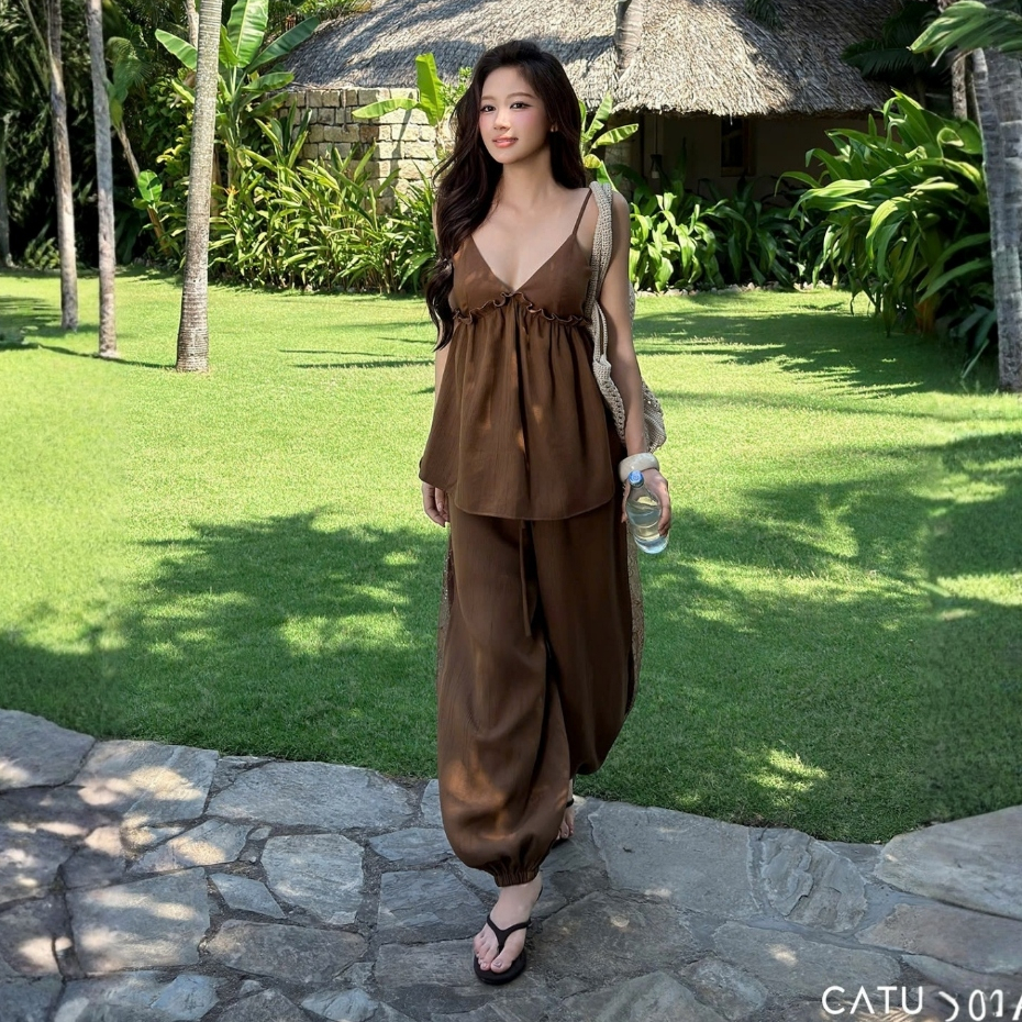 TUBYCATU Set Hazel Áo 2 Dây Form Babydoll + Quần Dài Bo Gấu Phối Ren Sườn | BigBuy360 - bigbuy360.vn