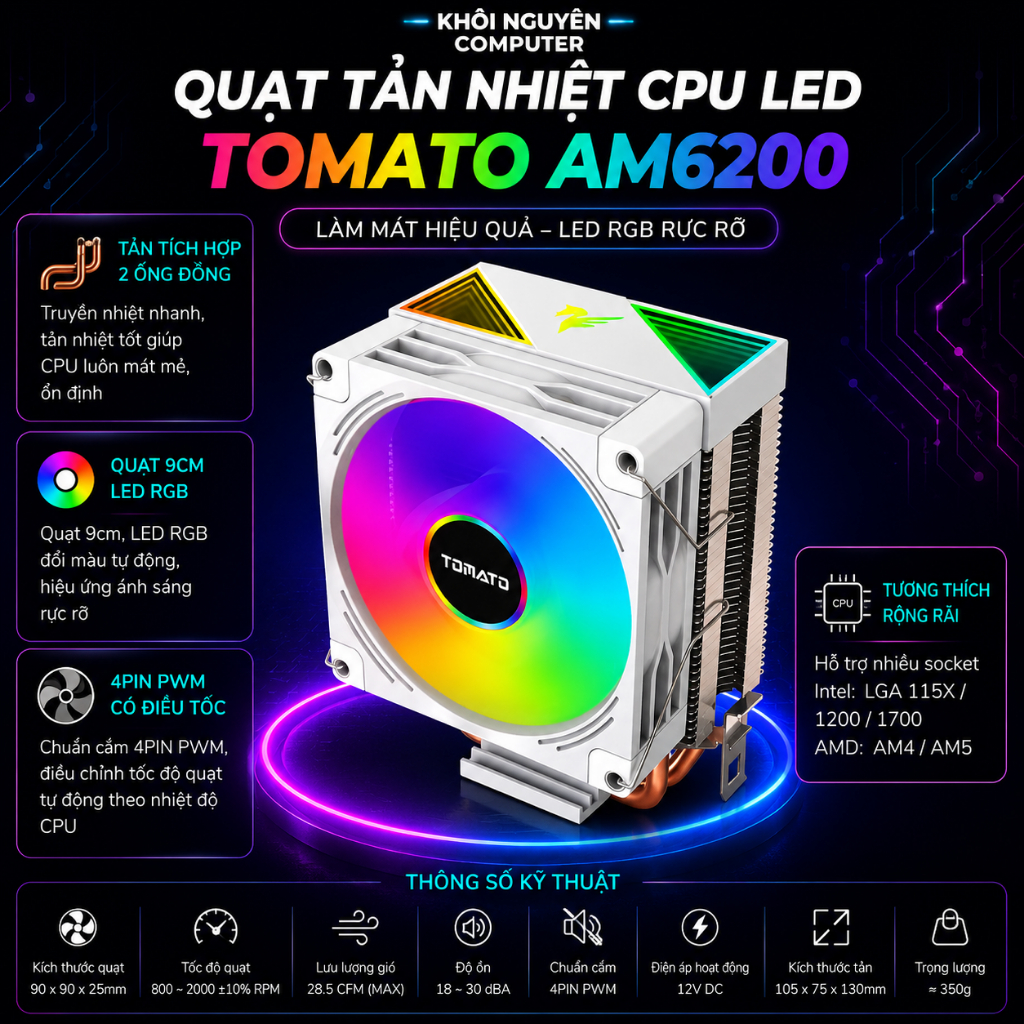 Quạt Tản Nhiệt CPU Tomato AM6200 RGB Trắng – 4Pin PWM, 2 Ống Đồng, Led Đổi Màu, Êm