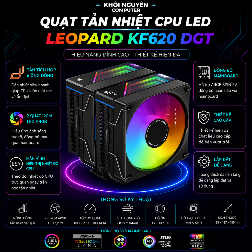 Tản Nhiệt CPU Jungle Leopard KF620 Digital ARGB – 6 Ống Đồng, 2 Tháp, Hiển Thị Nhiệt Độ