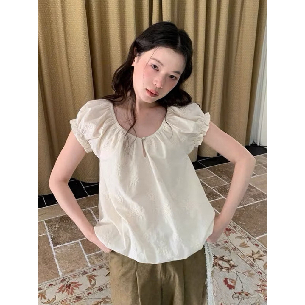 [PASS] Áo babydoll dáng bồng bí hoạ tiết cổ tròn Noiree House