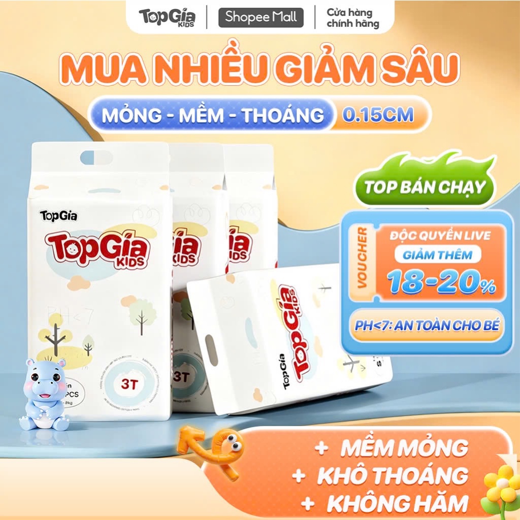Tã/Bỉm Quần Dán Em Bé TOPGIAKIDS pH<7 Hỗ Trợ Kháng Khuẩn, Mềm Mại, Chống Tràn, Khô Thoáng Cả Ngày S/
