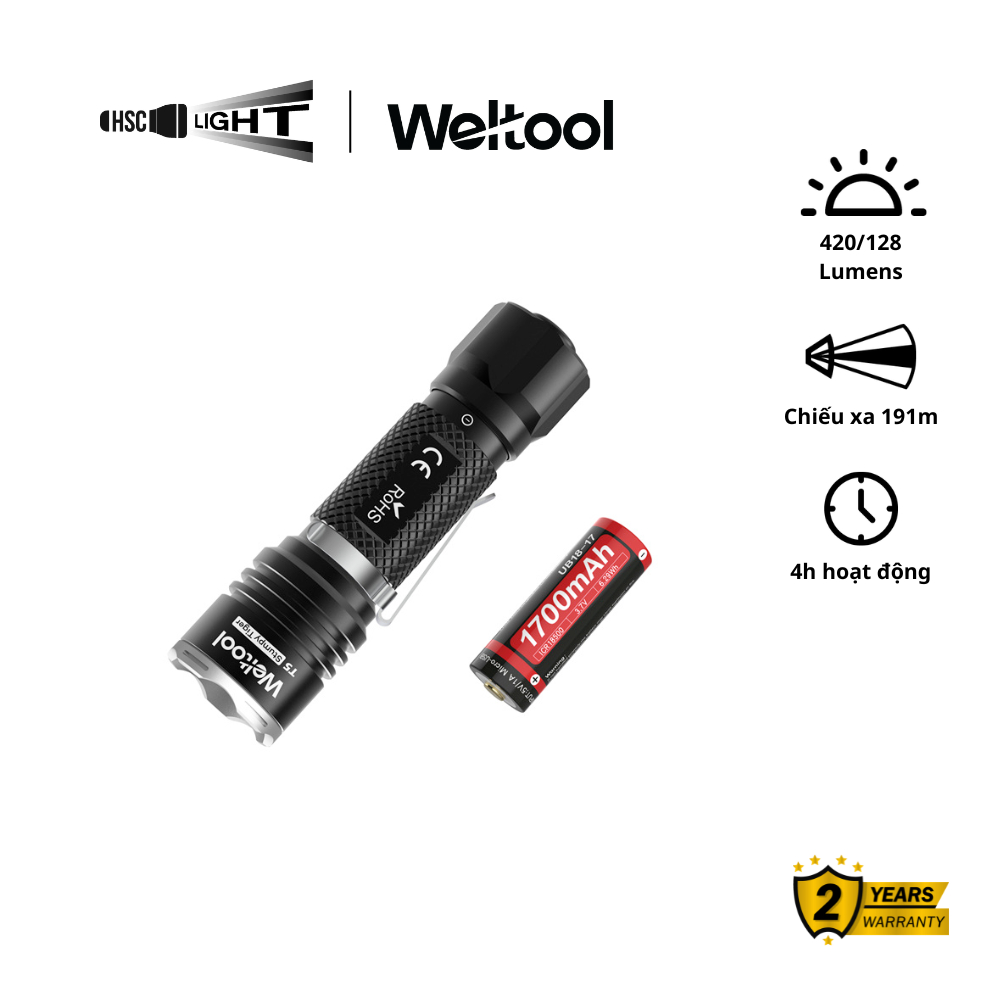 Weltool T5 “Stumpy Tiger” – Đèn pin tactical thân ngắn, pin 18500, 420 lumen