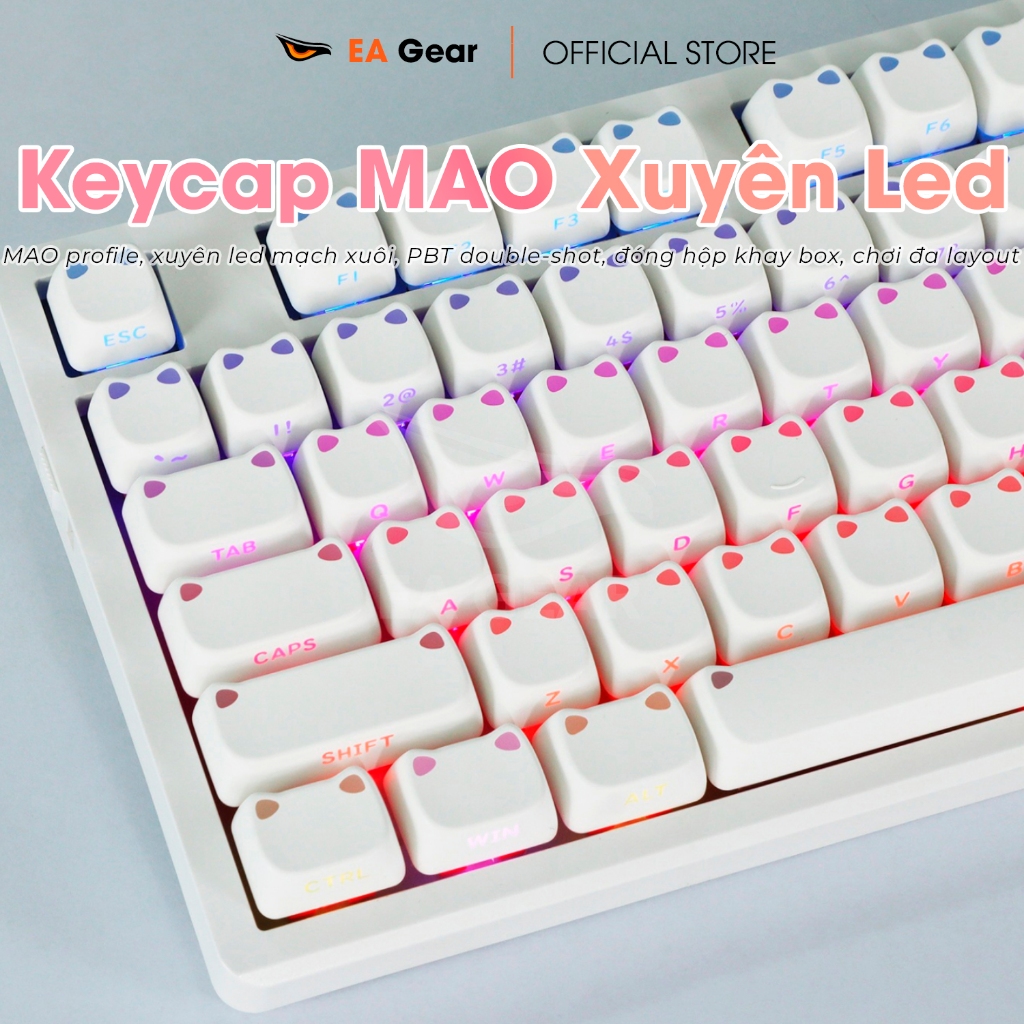 [Hàng sẵn] Keycap MAO Trắng/Hồng Xuyên Led Mạch Xuôi Có Tai Mèo - EA Gear