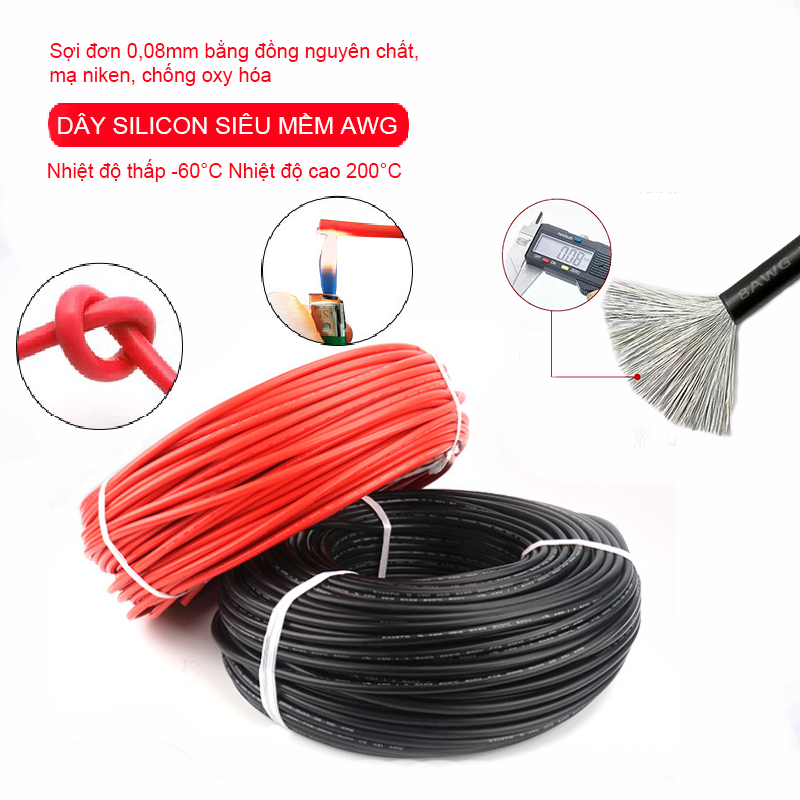 (5mét) Dây chịu nhiệt AWG 10AWG 12AWG 14AWG  16AWG 18AWG Dây silicone siêu mềm chịu tải