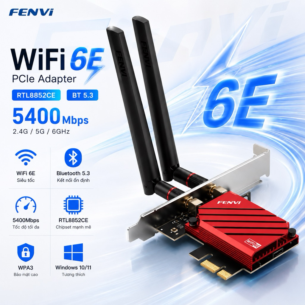 Card Fenvi WiFi 6E BT5.3 5400Mbps PCIE RTL8852CE 802.11AX Tri-Band 2.4G/5G/6GHz Card Mạng Không Dây 