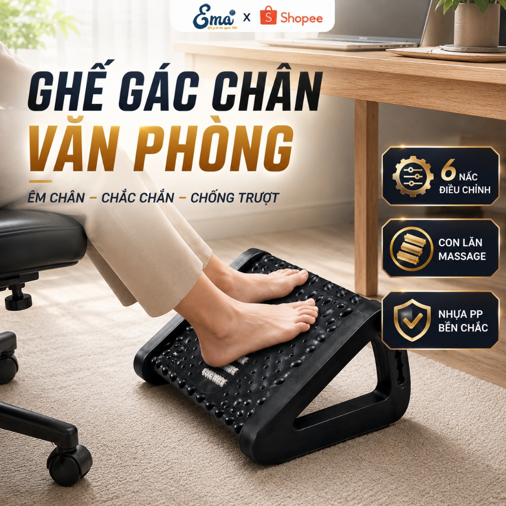 Ghế gác chân văn phòng công thái học EMA - Kệ kê chân có con lăn massage chỉnh độ cao chống mỏi