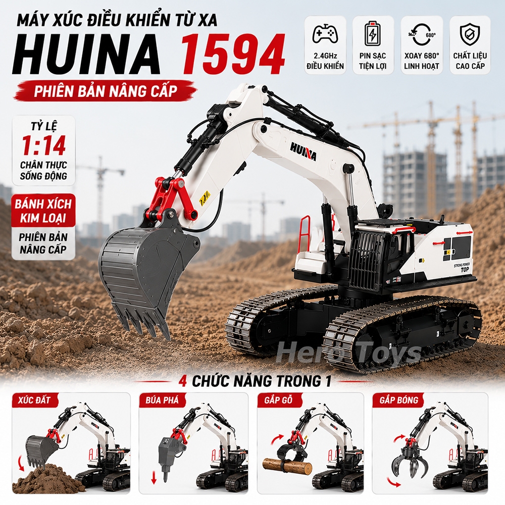 Máy xúc điều khiển từ xa HUINA 1594 phiên bản mới 4 trong 1 có gầu sắt, bánh xích, bộ phụ kiện cao c