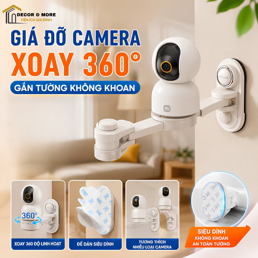 [HOT] Giá Đỡ Camera Gắn Tường Xoay 360 Độ DECOR, Kệ Treo Camera Không Cần Khoan Cho Camera Wifi Mini