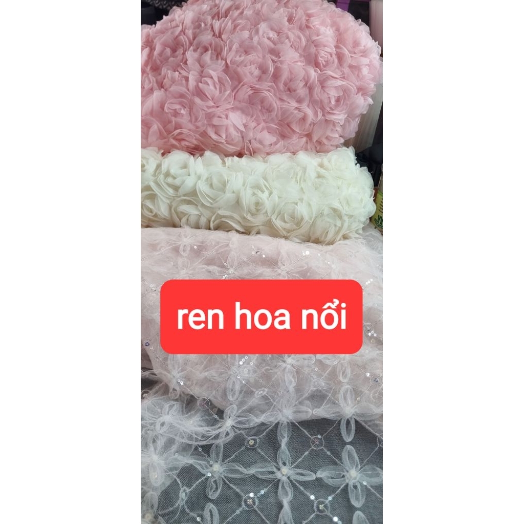 vải ren lưới hoa hồng nổi