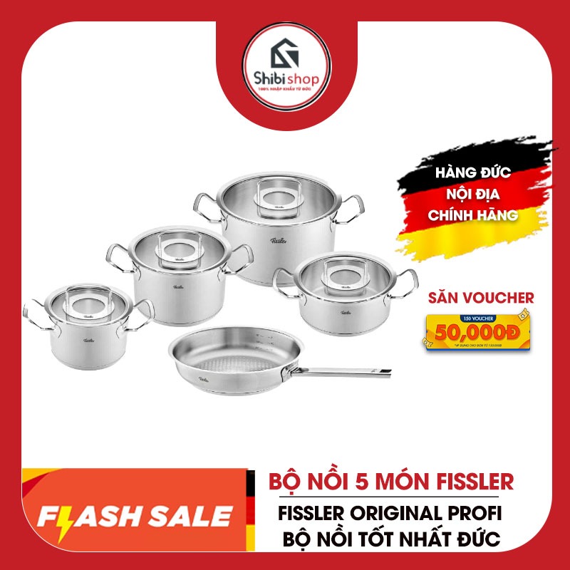 Bộ nồi Fissler Original Profi 5 món nắp kính(4 nồi, 1 chảo), sản xuất tại Đức, bộ nồi tốt nhất Đức