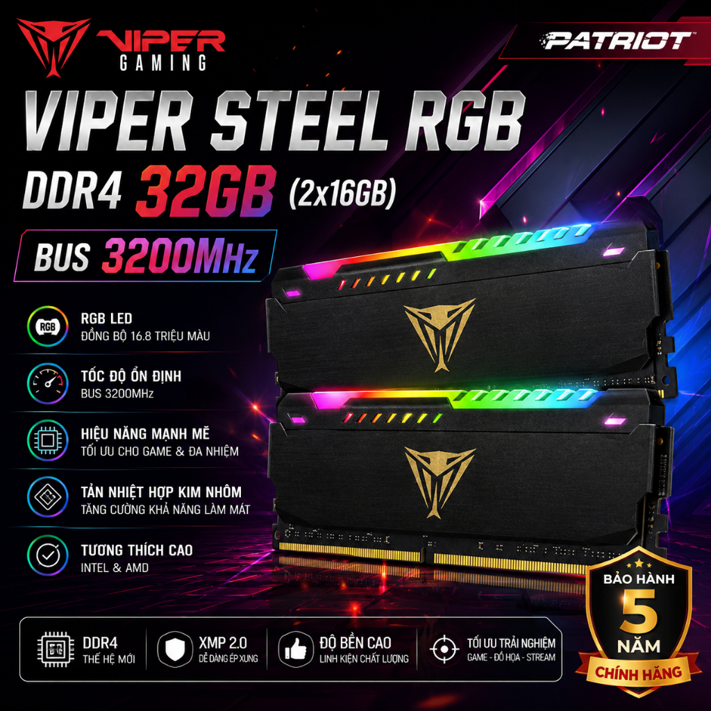 Ram desktop Patriot Viper STEEL RGB BLACK 32GB (2x16GB) DDR4 3200MHz -BH 60 THÁNG