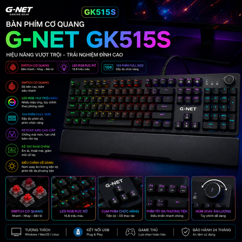 Thanh lý bàn phím cơ quang G-Net GK515S RGB fullsize chống nước chính hãng loại 1 giá cực tốt