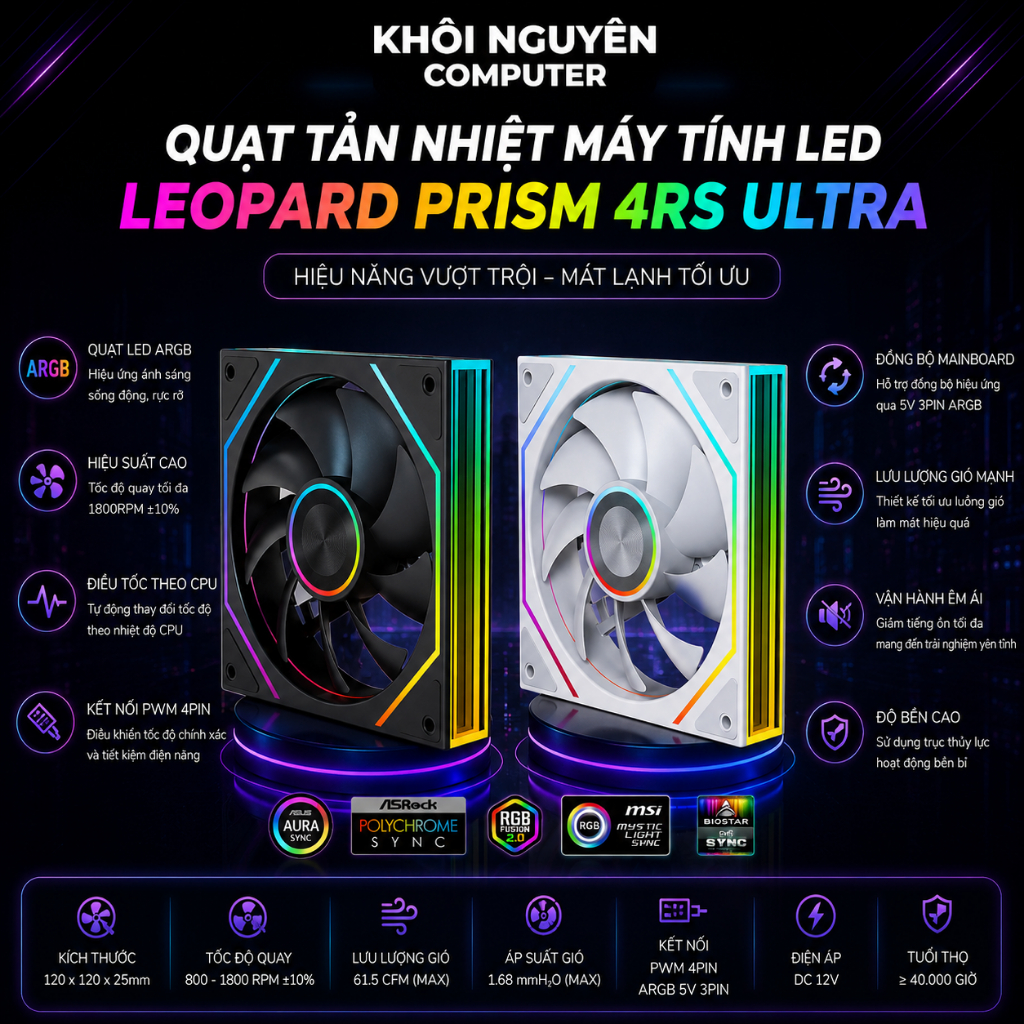 Quạt Tản Nhiệt PC Jungle Leopard Prism 4RS Ultra ARGB 12cm – Đồng Bộ Mainboard, Led Đẹp
