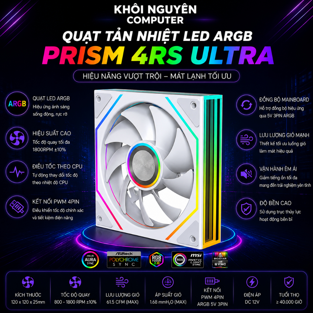 Quạt Tản Nhiệt PC Jungle Leopard Prism 4RS Ultra Trắng ARGB 12cm – Đồng Bộ Mainboard