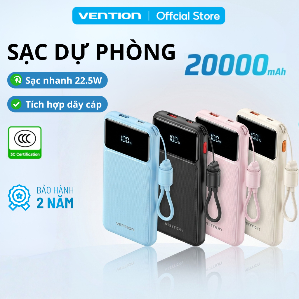 Pin Sạc Dự Phòng 20000mAh Vention 22.5W, Đạt Chuẩn 3C, 2 Cổng USB-A/C Kèm Dây Sạc Type C Màn LED Cho Điện Thoại Laptop