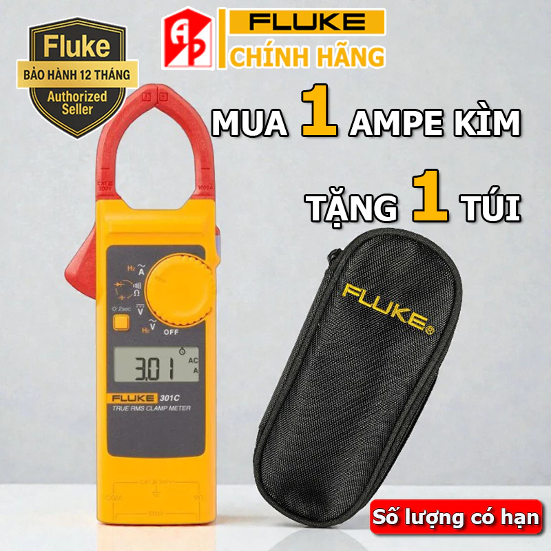 TẶNG TÚI - Đồng hồ kẹp dòng AC 1000A - Ampe kìm điện tử Fluke 301C TrueRMS đo biến tần, điện lạnh