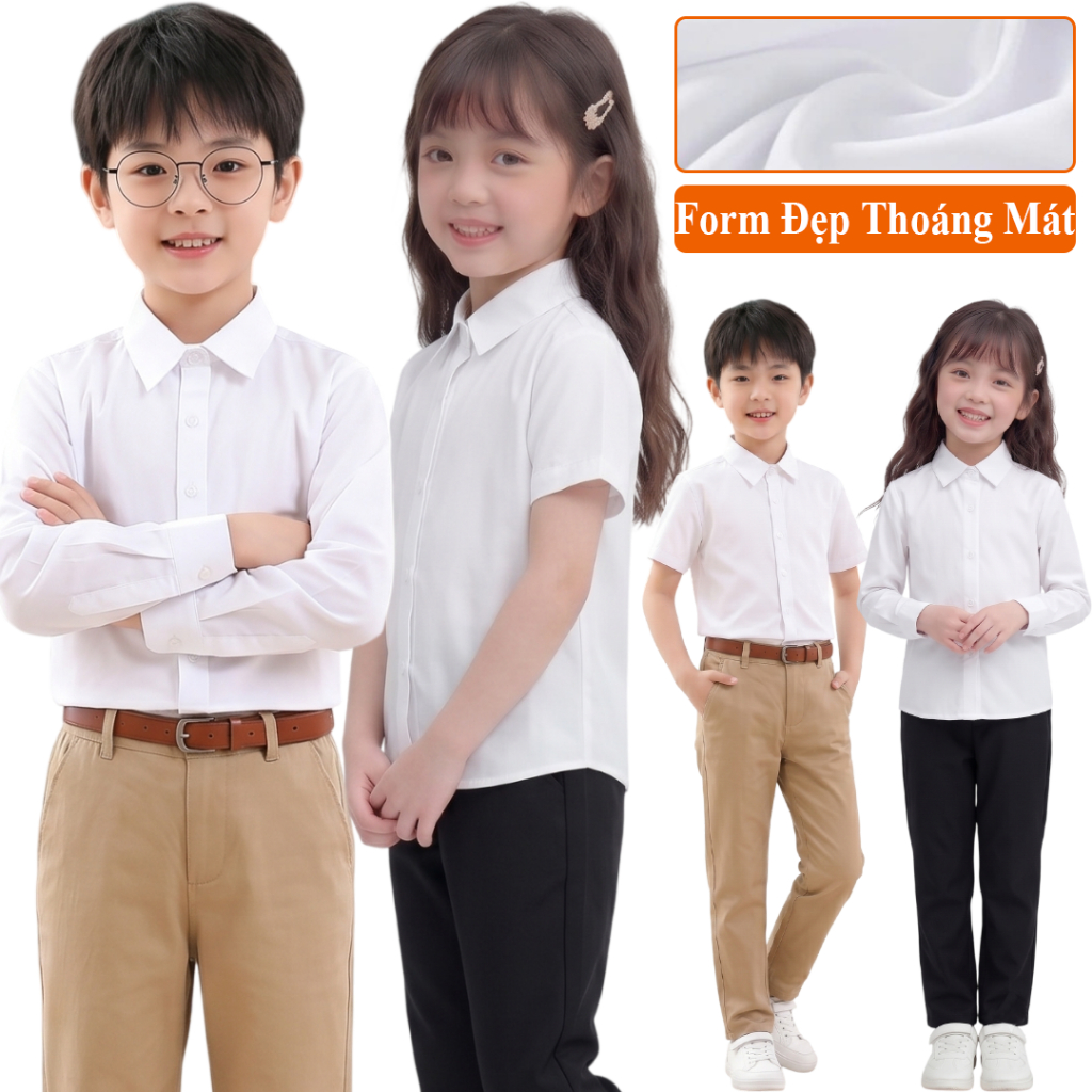 Áo Sơ Mi Trắng Học Sinh Đi Học Tay Dài Tay Ngắn Cho Bé Trai Bé Gái KooKoo Cấp 1 2 3. Sơ Mi Trắng Trẻ