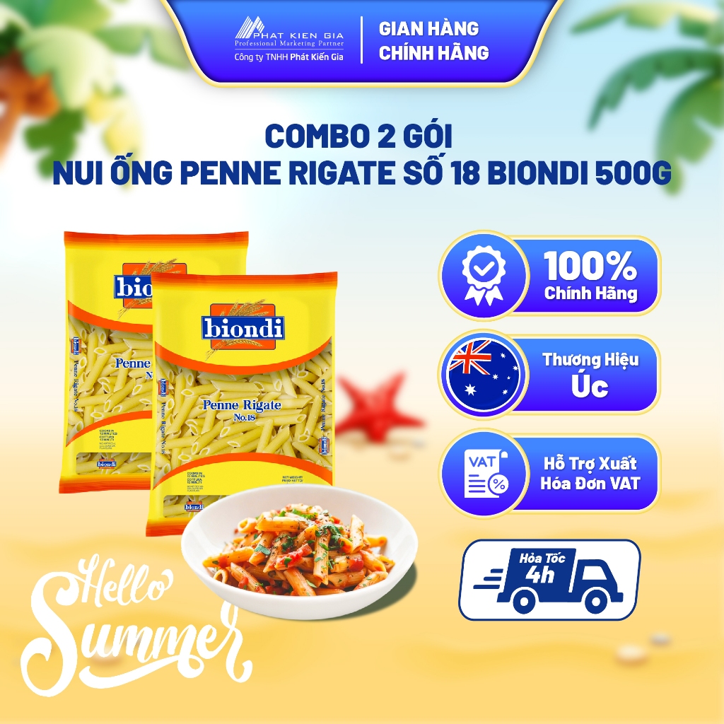 COMBO 2 Gói Nui Ống Penne Rigate Số 18 Biondi 500g | Biondi Penne Rigate No.18 500g