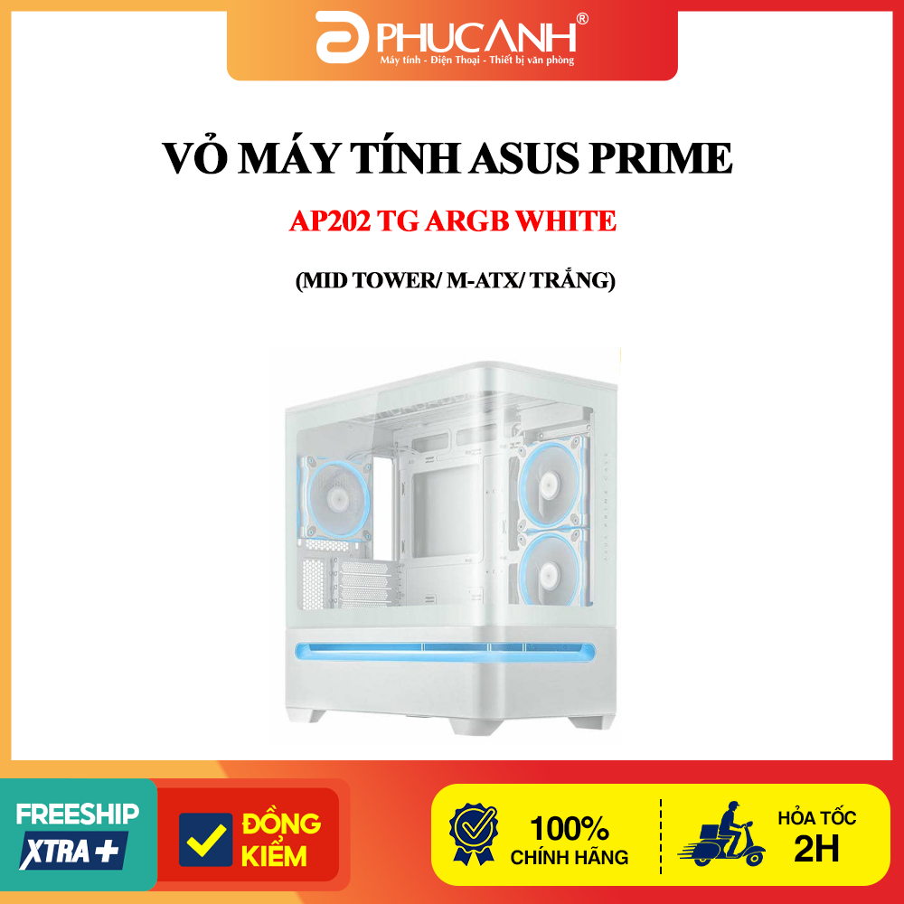 Vỏ máy tính Asus Prime AP202 TG ARGB White (Mid Tower/ M-ATX/ Trắng)