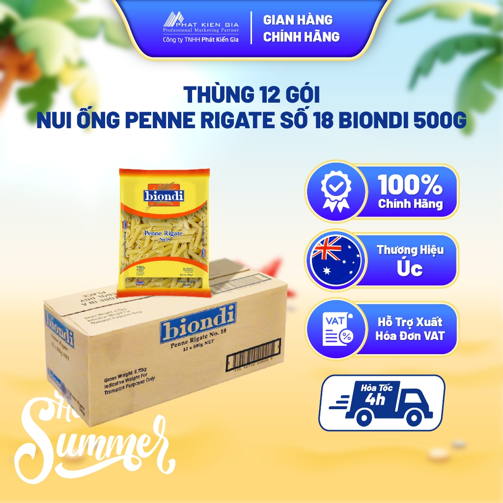 Thùng 12 Gói Nui Ống Penne Rigate Số 18 Biondi 500g | Biondi Penne Rigate No.18 500g