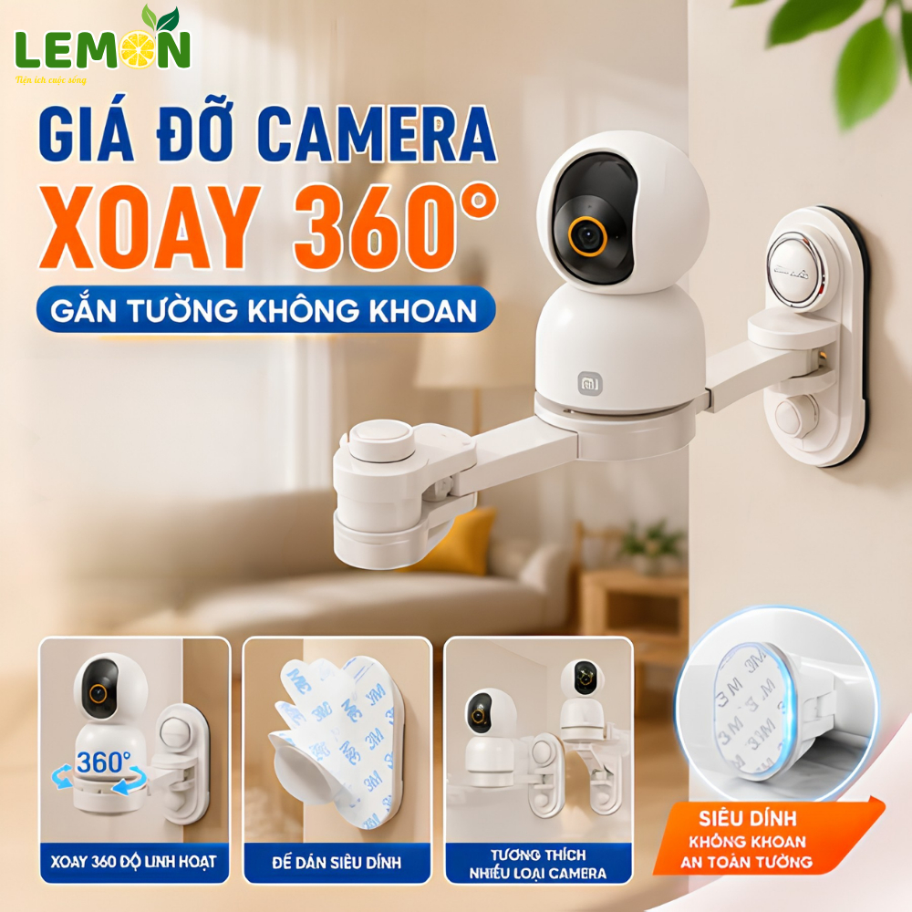 Giá Đỡ Camera Xoay 360 Độ Gắn Tường LEMON, Kệ Treo Camera Không Cần Khoan Cho Camera Wifi
