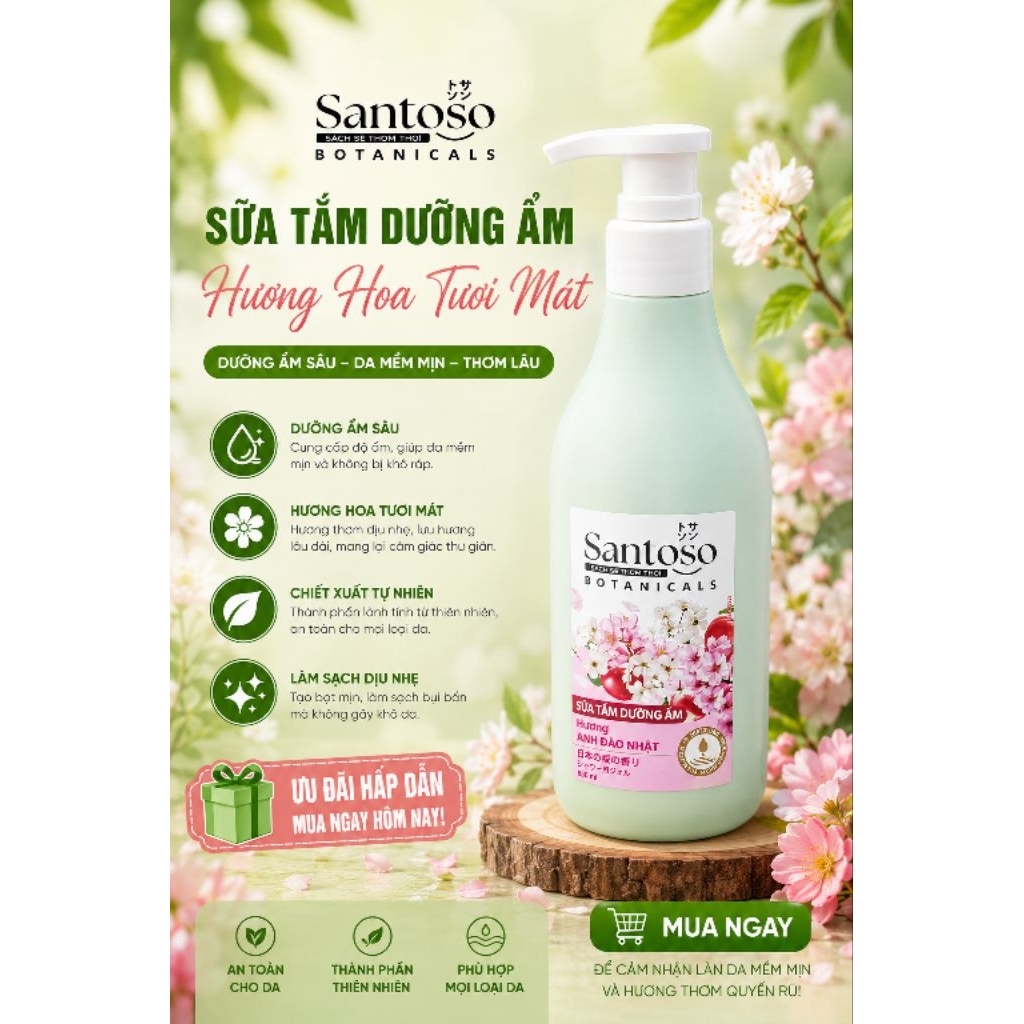 Sữa Tắm Santoso 500ml – Nâng Niu Làn Da Mỗi Ngày Da Mềm Mịn – Hương Thơm Quyến Rũ