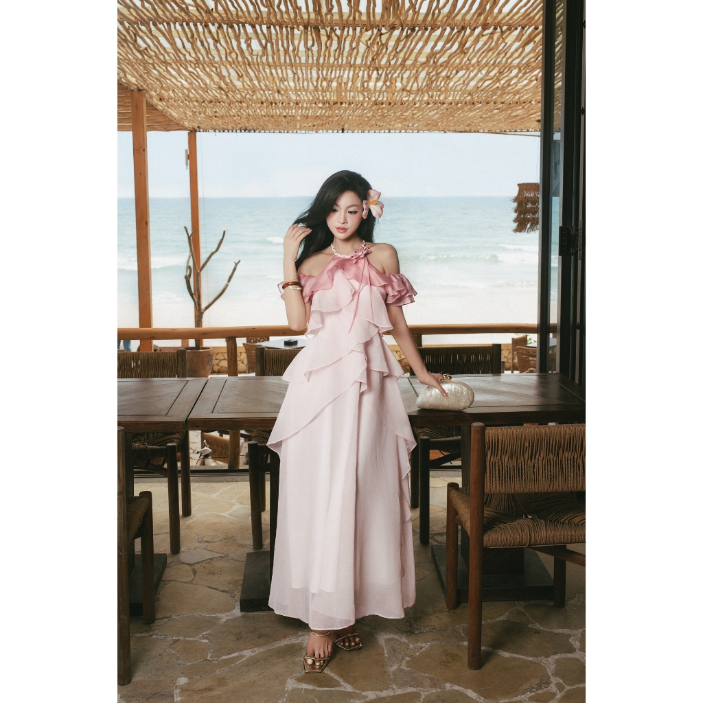 ZAMYSHOP - Váy thiết kế cổ yếm phối màu, xòe layer, váy đi biển