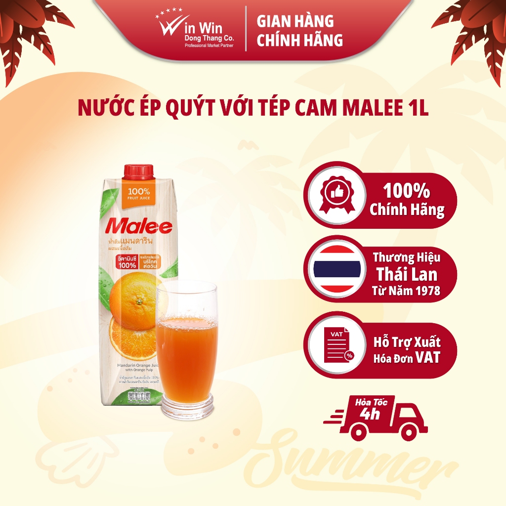 Nước Ép Quýt Với Tép Cam Malee 1L | Malee 100% Mandarin Orange Juice with Orange Pulp 1L