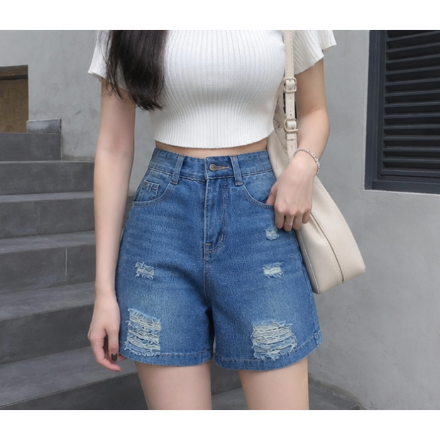 Quần Ngố Jeans Nữ Rách Nhẹ - Denim Co Giãn, Cạp Cao Tôn Dáng, Phong Cách Streetwear |AAA JEANS DS02