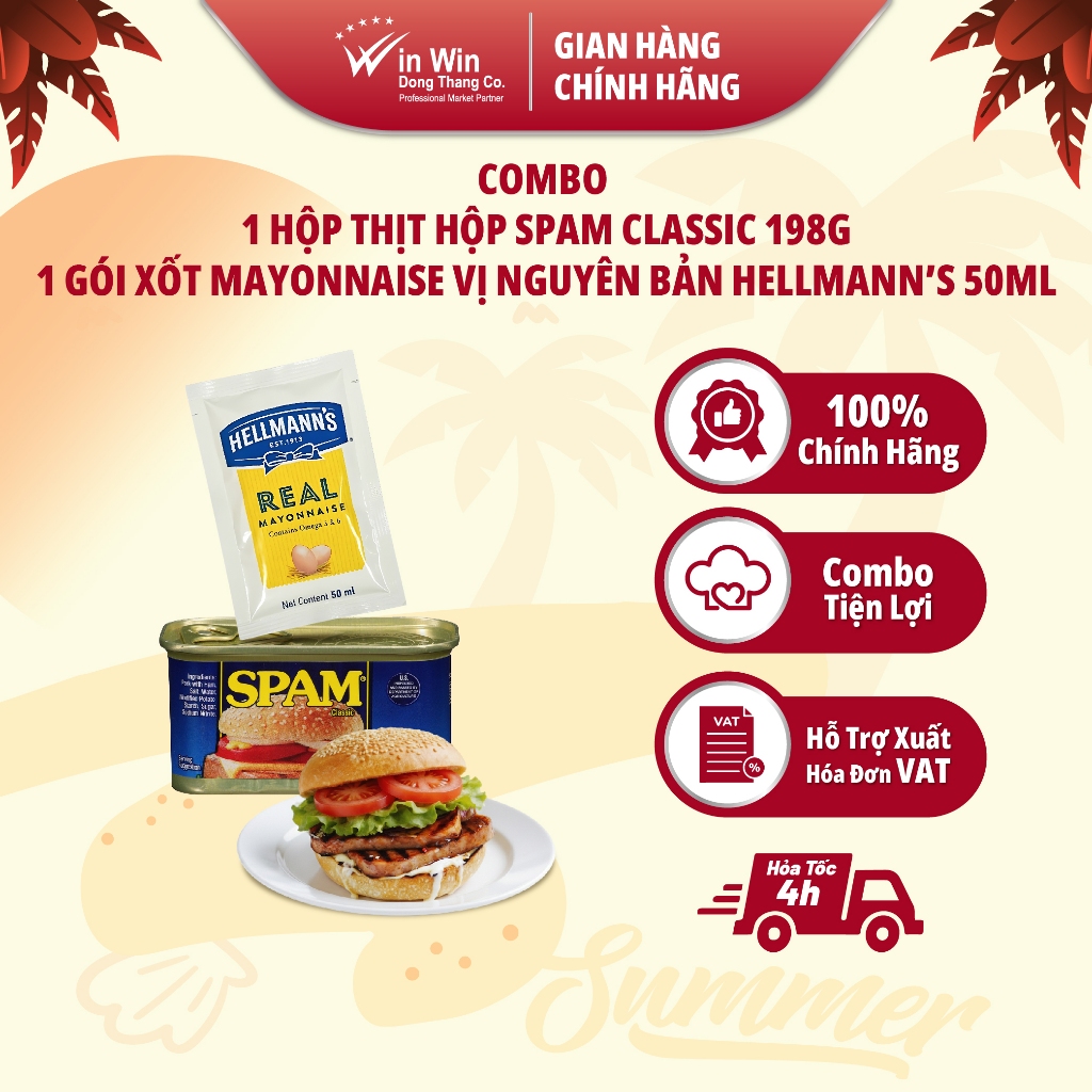 COMBO 1 Hộp Thịt Hộp SPAM Classic 198g + 1 Gói Xốt Mayonnaise Vị Nguyên Bản Hellmann’s 50ml