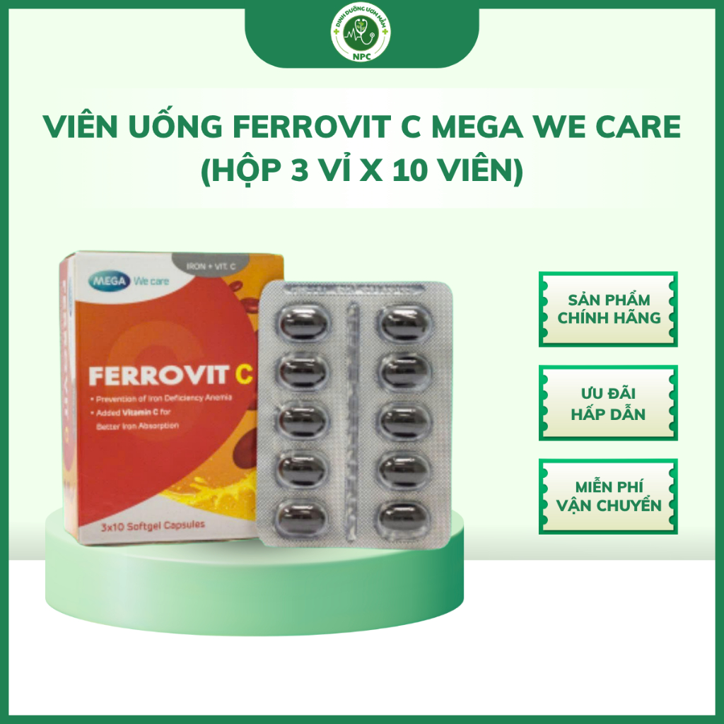 Viên Uống Ferrovit C Mega We Care - bổ sung sắt và Vitamin C tăng hấp thu, giảm mệt mỏi (Hộp 3 vỉ x 