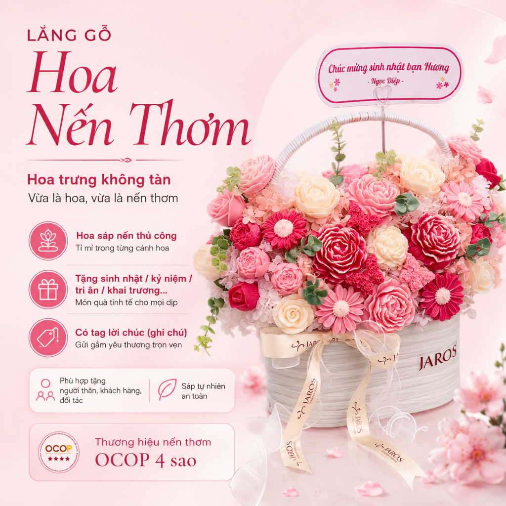 Giỏ Hoa Nến Thơm JAROS Candle Phiên Bản Premium Tỏa Hương Tự Nhiên  - Quà Tặng Sang Trọng