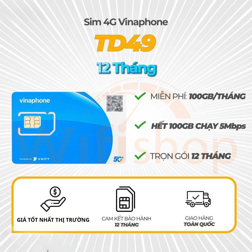 [Hỗ Trợ Esim] Sim VinaPhone 12TD49 Trọn Gói 12 Tháng - Có Sẵn 100GB Tốc Độ Cao Mỗi Tháng