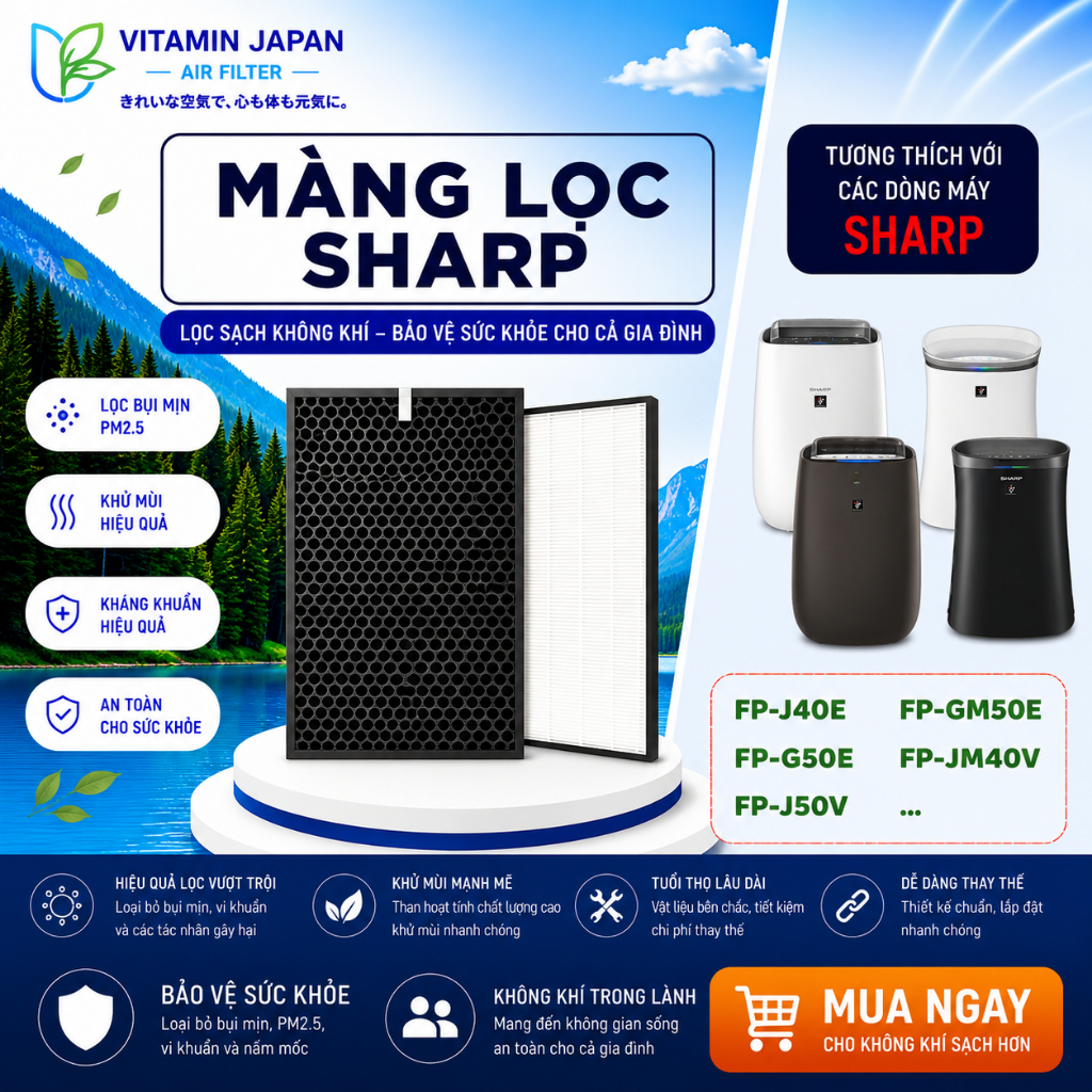 Combo Màng Lọc Sharp: FP-J40E, FP-J50V, FP-GM50E, FP-FM40, FP-JM40V, FP-G50E,… Màng Bắt Muỗi