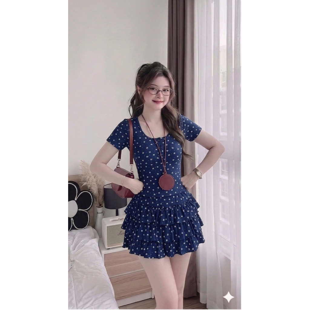 SET Hottrend ÁO CỔ VUÔNG mix VÁY TẦNG Thun Tăm in Hoạ Tiết Siêu Xinh. Bigsize 45-85kg. | BigBuy360 - bigbuy360.vn