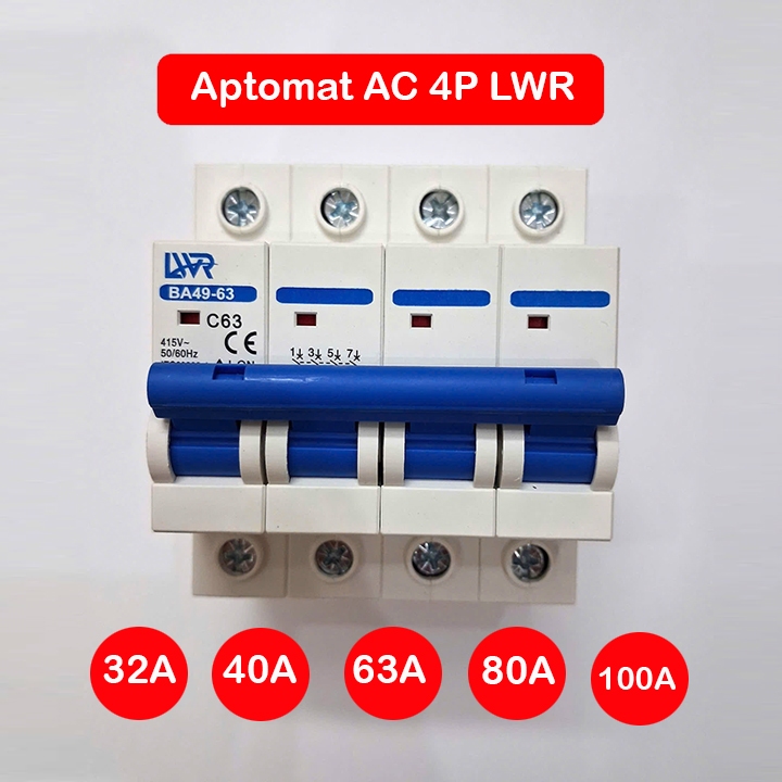 Aptomat AC, CB AC 3 PHA 4P LWR 32A, 40A, 63A, 80A, 100A ngắt mạch CB tép MCB 220V 380V Bảo vệ quá tả