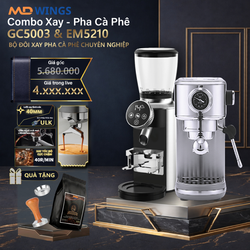 [Giá đã có VAT] Combo cà phê máy pha MDWINGS EM3111 và MDWINGS GC5003 ( dùng cho gia đình)-bảo hành 