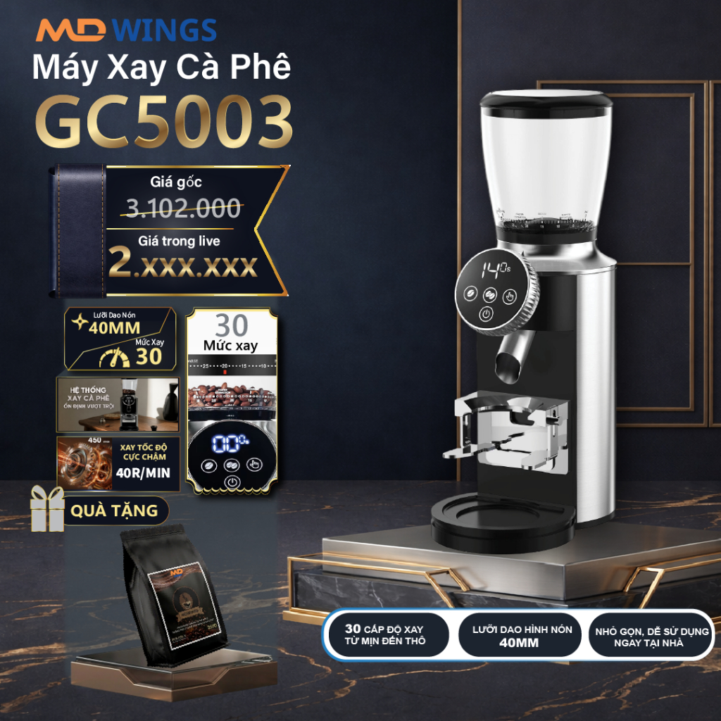 [Giá đã có VAT] Máy máy xay cà phê  MDWINGS GC5003 ,thép không gỉ cao cấp kích thước lưỡi 40mm, Bh12