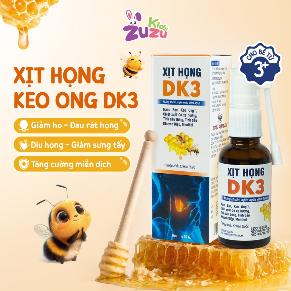 Xịt họng keo ong DK3 giảm đau rát họng, giảm ho tiêu đờm tăng đề kháng đường hô hấp cho bé lọ 30ml