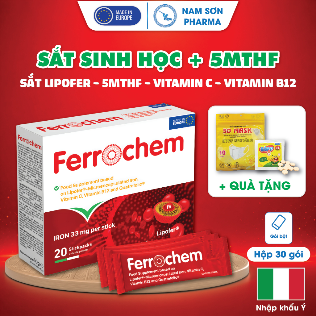 [CHÍNH HÃNG] Ferrochem (Italy) Sắt Sinh Học Lipofer, 5MTHF (Acid Folic) Cho Mẹ Bầu, Người Thiếu Máu,