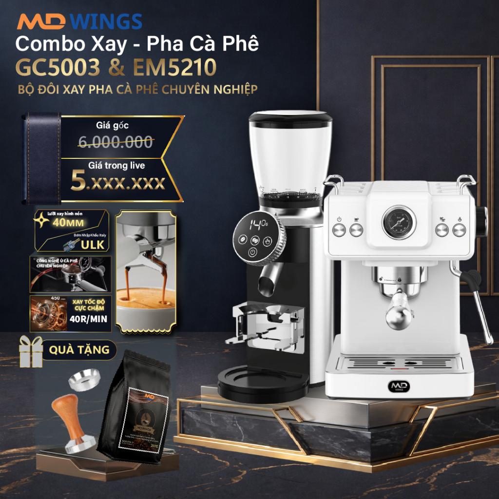 [Giá đã có VAT]COMBO Máy pha cà phê MDWINGS EM5210 (MÀU TRẮNG), 20bar và Máy xay cà phê MDWINGS GC50