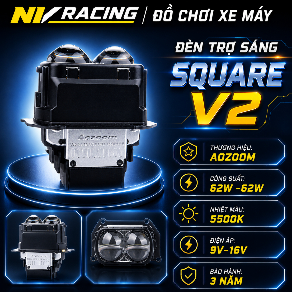 Đèn Bi LED Aozoom Square V2 Chính Hãng Công Suất 62W Ánh Sáng Trắng 3.0 Inch Gắn Xe Máy Chính Hãng