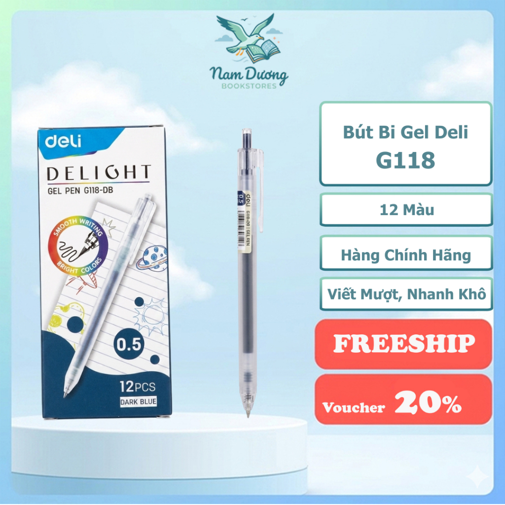 Bút bi gel bấm 12 màu ngòi 0.5mm DELI G118 Delight Gel Pen nhanh khô viết đều tay